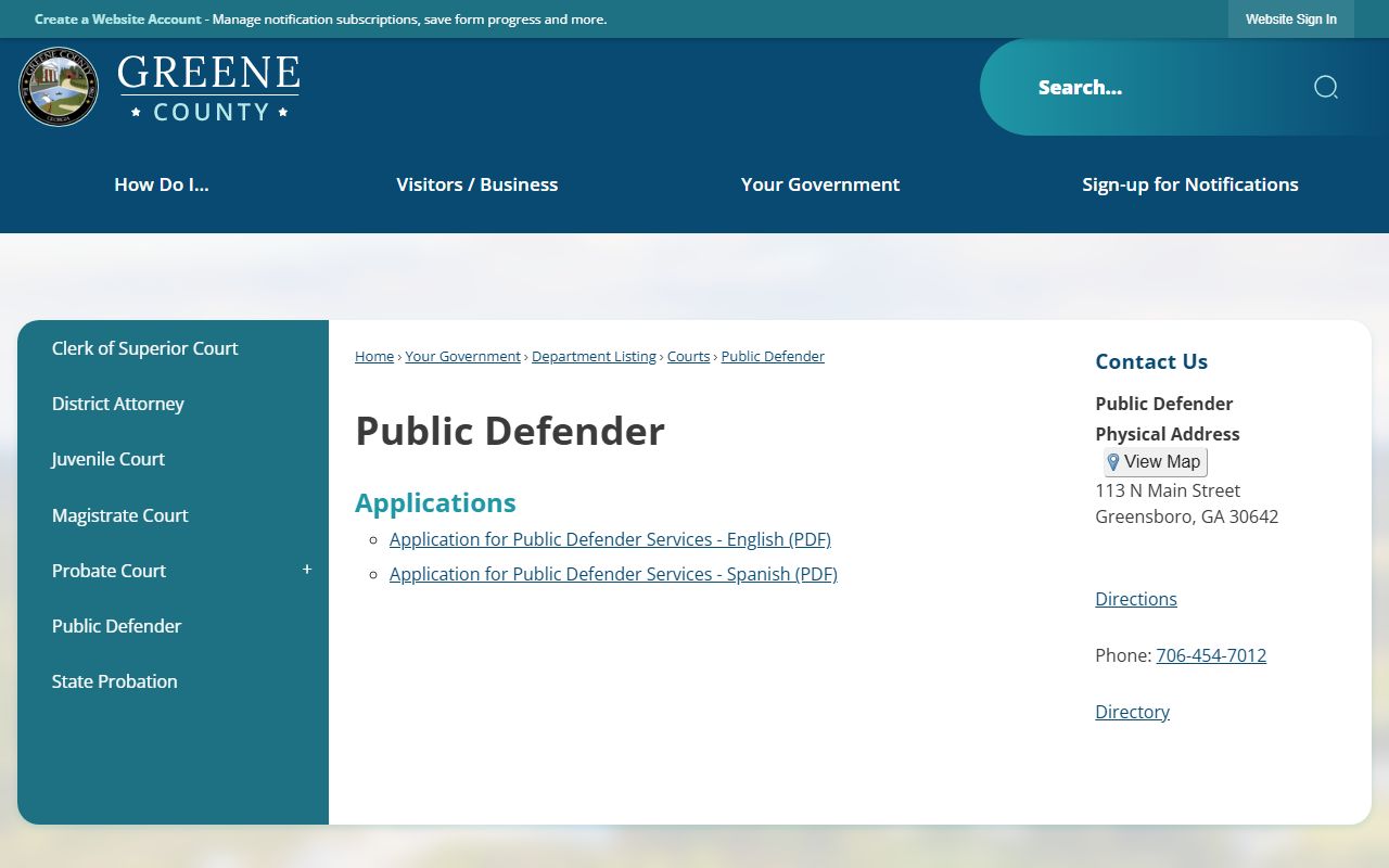 Greene County Superior Court Public Defender records contact
